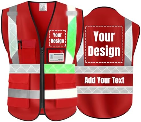Luminous Safety Vest Customize Your Logo Work Vest with Luminous Hi-Vis Reflective Strips (XL, Red) by YOWESHOP