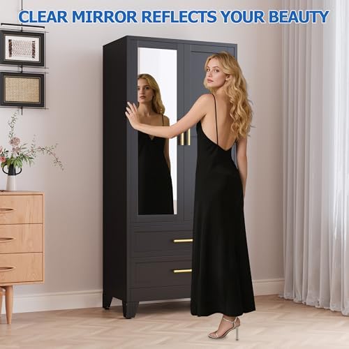 GAIOUS Steel Armoire Wardrobe Closet with Mirror and 2 Drawers 71" Black - Image 3