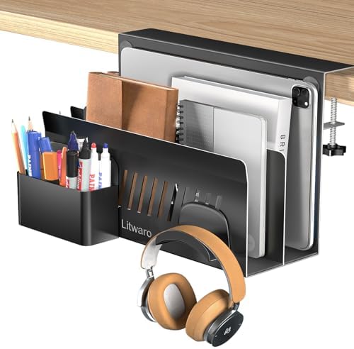 Litwaro Desk Side Storage Organizer, 2 Tier Laptop Holder Clamp on Desk Organizer, No Drill Laptop Mount with Magnetic Pen Holder, Hanging Desk Organizer Fits Flat Edge Table 0.4" to 2.1" (Black) by Litwaro