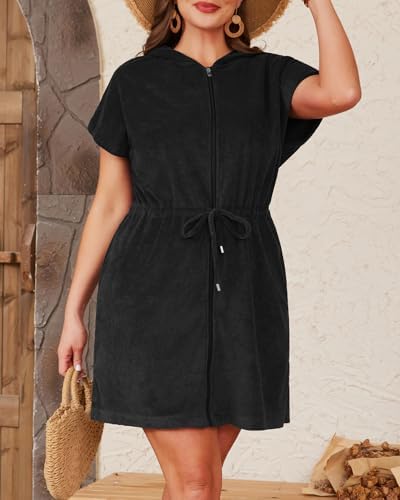 Womens Terry Cloth Cover Up Hooded Swim Cover with Zipper and Pocket - Image 4