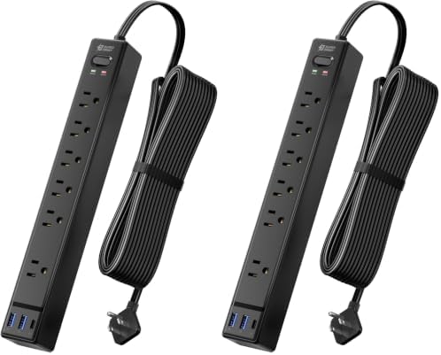10Ft Long Extension Cord, SUPERDANNY Flat Plug Surge Protector Power Strip (Pack of 2) by SUPERDANNY