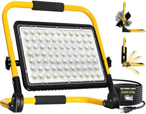 200W LED Work Light, 20000LM 6500K Work Lights on Stand, Portable Work Light, 4M 13.1FT Cord with Plug, IP66 Waterproof Flood Light Construction Lights Worklight for Job Site Repairing Workshop Garage by CREATESTAR