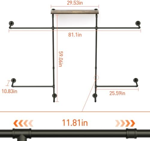 Merapi Industrial Pipe Clothing Rack, Wall Mounted Heavy Duty Garment Rack with Wood Shelf, Double Hanging Rod Vintage Organizer for Walk-in Closet, Laundry Room & Retail Store Display (Black) - Image 2
