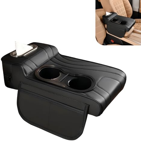 Car Armrest Box Mat, Multifunctional Soft Leather Center Console Height Enhancement Storage Armrest Decoration with Tissue Box, Cup Holder, Side Bags, Universal for Most Cars (Black) by Unknown