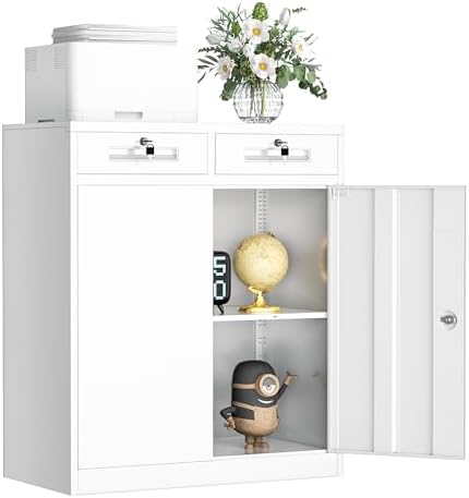 INTERGREAT Metal Storage Cabinet with Drawers, 36”H Lockable Office Storage Cabinets with 2 Doors and Adjustable Shelves, White Steel File Cabinet for Home Office, Garage, School, Apartment(White) by INTERGREAT