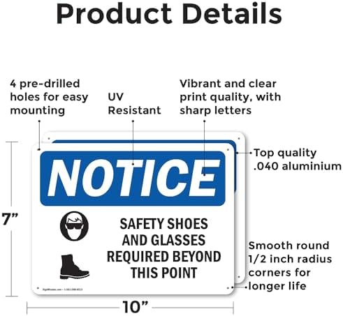(2 Pack) Safety Shoes And Glasses Required OSHA Notice Sign 10 Inch X 7 Inch Indoor/Outdoor Rust-Free Aluminum Metal Signs for Workplace, Workshop, and Construction Site, Made in the USA - Image 2