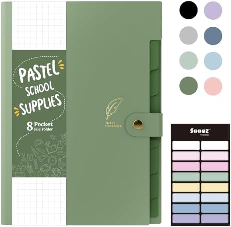 Sooez Aesthetic 8 Pocket Accordion File Organizer, Pastels Expanding File Folder for Important Document with Labels, Portable Receipt Bill Organizer for Office School Supplies, Letter Size Olive Green by Sooez