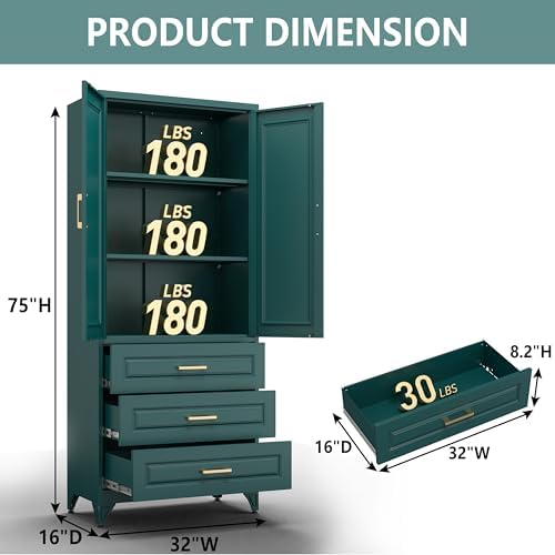 Polup 75" Metal Storage Cabinet, Kitchen Pantry Cabinet with 3 Drawers - Image 3