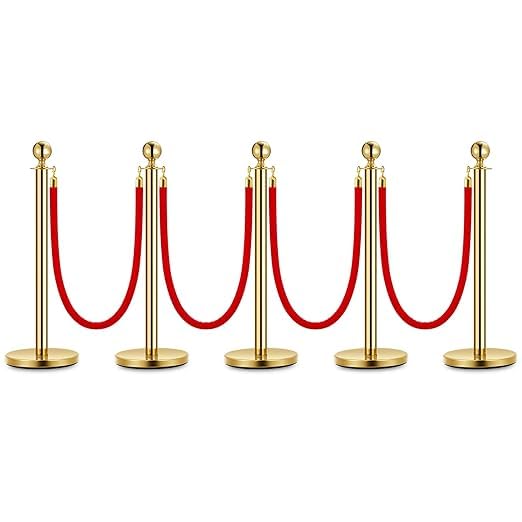 5PCS Gold Stanchion Post, 5 Ft Red Velvet Rope Stainless Steel Crowd Control by Unknown