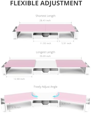 OPNICE Desk Organizers and Accessories, Dual Monitor Stand Riser with Drawer and 2 Pen Holders, Desk Shelf Computer Racks for Office Workspace Organizers, Desktop Organization (Pink-White) - Image 3