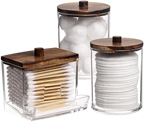 Tbestmax 3 Pack Qtips Holder Bathroom Container, 10 oz Cotton Ball/Swabs Dispenser, Apothecary Jar Organizer for Storage Brown Wood Lids by Tbestmax