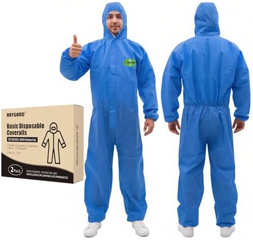 Painting Protective Suit, SMS Full Body Hazmat Suits Coveralls with Hood and Elastic Wrists for Mechanic Work by RAYGARD