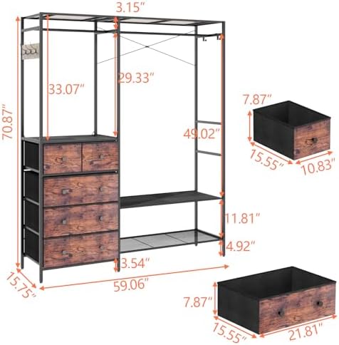Freestanding Clothes Rack with 5 Drawers & 4 Storage Shelves,2 Hanging Rods - Image 3