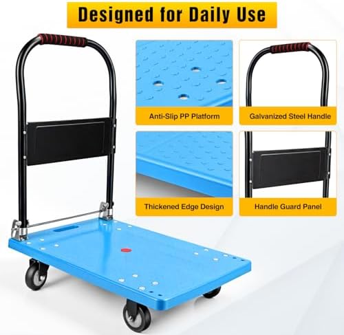 Platform Cart 330 lbs Heavy Duty Push Cart Dolly with 4-Inch TPR Wheels 27.6 x 19.7 Inch PP Deck Flatbed Cart Platform Truck for Home Garage Warehouse Use Black - Image 6