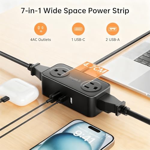 SMALLRT 16.5FT Long Flat Plug Extension Cord Indoor,Power Strip with USB C - Image 2