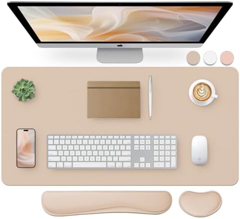 Bloss Leather Desk Pad and Keyboard Wrist Rest, Large Mouse Pad + Keyboard Pad+Mouse Wrist Support, Non-Slip Desk Mat Protector for Office, Home(31.5×15.7 Inches,Beige) by Bloss