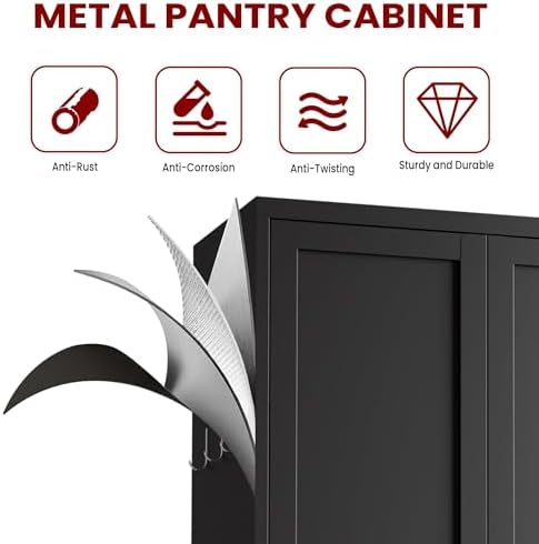 AQY Metal Pantry Cabinet, 61" Black Kitchen Storage Cabinet with Doors - Image 5