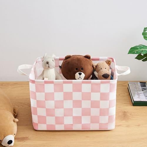 Ohocut Pink White Checkered Canvas Basket, Rectangular Organizing Decorative Storage Basket for Kids Dog Toy, Cute Aesthetic Race Cars Boy Room Decor for Home, Kitchen, Bedroom, Classroom, Shelves - Image 4