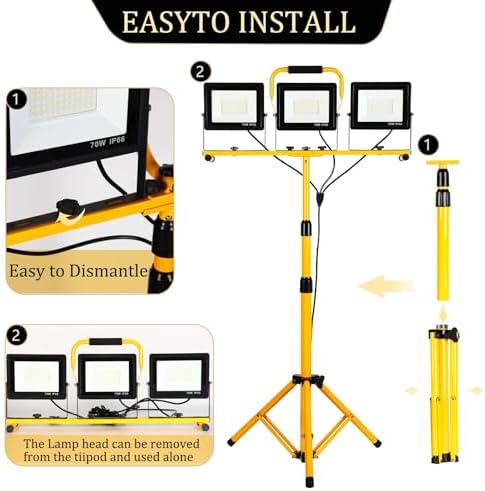 30000Lumen LED Work Lights with Stand - 3Head Portable Work Light on Stand - IP66 Waterproof Tripod Worklights for Outdoor Indoor Job Site Workshop Garage Construction Site Lighting - Image 2