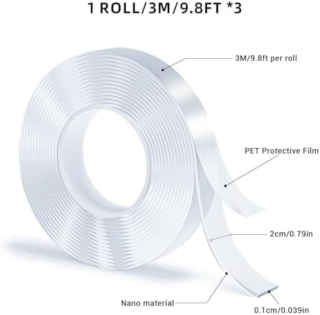3 Rolls Double Sided Tape, Nano Tape, Transparent Adhesive Tape, Traceless Adhesive Tape, Removable, Washable, Reusable, Suitable for Carpets, Photo Walls, 9.8 Feet Per Roll - Image 2