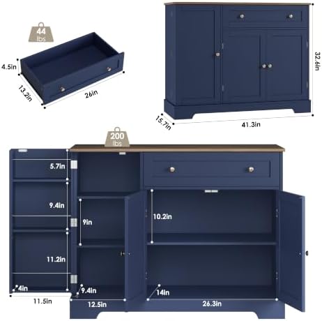 HOSTACK 41" W Kitchen Sideboard Buffet Cabinet, Small Coffee Bar, Blue - Image 3
