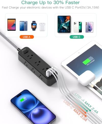 10FT Power Strip, 13-in-1 Long Extension Cord with Multiple Outlets with 9 Wide Spaced Outlets and 4 USB Ports, Flat Plug Wall Mount Charging Station for College Dorm Room Essentials, Office, Black - Image 4