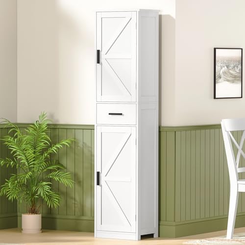 WEENFON Tall Bathroom Cabinet, Storage Cabinet with 6 Shelves & Drawer, Bathroom Storage Cabinet with Adjustable Shelves, Tall Cabinet for Living Room, Home Office, White - Image 6