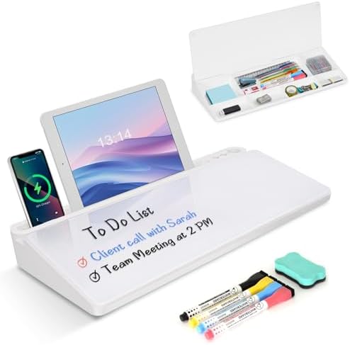 Desktop Glass Whiteboard with Storage, Desk Dry Erase White Board Stand by WALGLASS