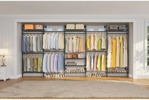 Timate F5 Expandable Wall Mounted Clothes Rack with 8 Adjustable Shelves & 4 Expandable Hanger Rods, Heavy Duty Industrial Pipe Clothing Rack for Hanging Clothes, Fits Spaces 10'3"- 12'3", Black - Image 2