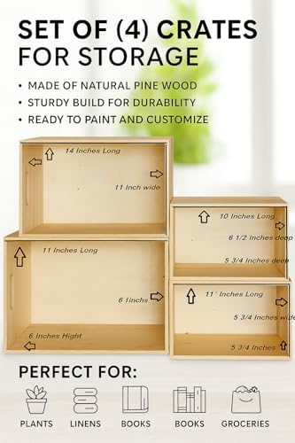 Unfinished Wooden Crates 4 Pack - Nesting Pine Wood Boxes with Handles - Image 5