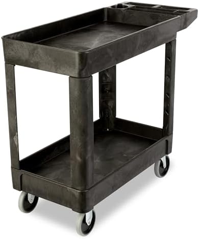 Rubbermaid Commercial Products 2-Shelf Utility/Service Cart, Small, Lipped Shelves, Storage Handle, 500 lbs. Capacity, for Warehouse/Garage/Cleaning/Manufacturing by RubbermaidCommercialProducts