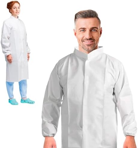 AMZ Medical Supply Disposable Lab Coats Large, 60gsm Microporous Long Sleeve, Elastic Cuffs, Hook & Loop Closure, Mandarin Collar, White, No Pockets, Pack of 10 by AMZMEDICALSUPPLY