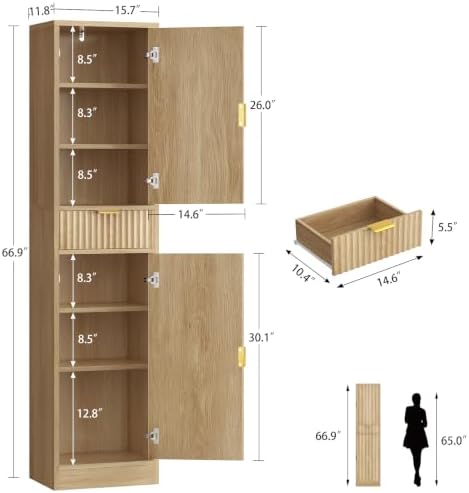 TEENFON 66.9″ Storage Cabinet with 1 Drawer and 2 Doors, Tall Bathroom Storage Cabinet with Adjustable Shelves, Rattan Fluted Cabinet for Bathroom, Living Room, Kitchen, Natural Oak - Image 3