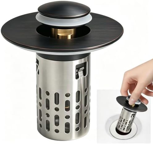 Bathroom Sink Stopper, 3 in 1 Bathroom Sink Drain Strainer Universal Pop Up Sink Stopper with Removable Hair Catcher Anti-Clog Filter Basket Brass & Stainless Steel Oil Rubbed Bronze 1 PC by Unknown