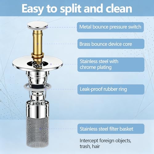 2PCS Bathroom Sink Drain Strainer, Pop-up Stopper Hair Catcher with Stainless Steel Filter Basket, Universal Replacement Drain Plug for Bathroom Sinks - Image 3