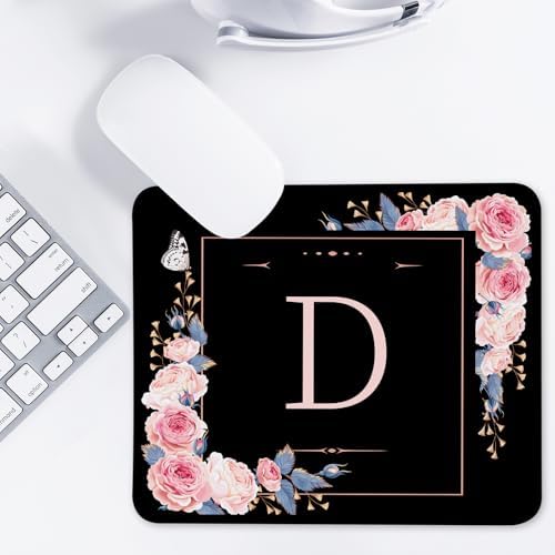 Letter D Black and Pink Flowers Square Mouse Pad, Mouse Pad with Stitched Edge and Non-Slip Rubber Base,Mouse Mat,Home Office Decor Desk Accessories,9.4x7.8x0.12 inch Square Mouse Pad - Image 7