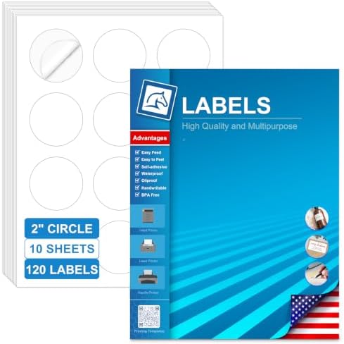 2 Inch Round Printable Labels, White Blank Circle Stickers for Laser Inkjet Printer, Wedding Favor, Candle, Cosmetic Jar & Handmade Craft Labels 120 Adhesive Labels (10 Sheets) with Template by Unknown