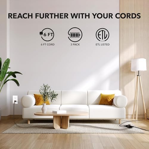 HBN Indoor Extension Cord 6ft 3 Pack Brown, 3 Outlets with Safety Cap Included, 2 Prong Polarized Plug, Perfect for Homes, Offices, and Kitchens - Image 2