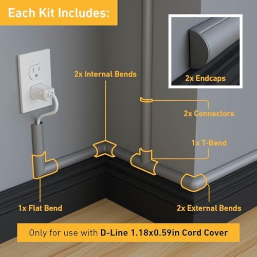 D-Line Medium Cable Raceway Accessory Pack, Join 1.18in x 0.59in Cord Cover Lengths, 10 Accessories Included, Hide Cords Around a Variety of Angles - Gray - Image 2
