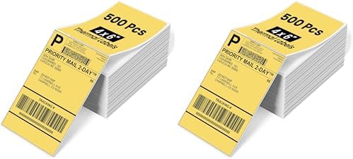 Phomemo 4x6 Thermal Label Printer Paper - 500 PCS Yellow 4"x6" Fan-Fold Shipping Supplies Labels - Water/Oilproof Label Stickers - Permanent Adhesive Thermal 4x6 Labels for Small Business (Pack of 2) by Phomemo