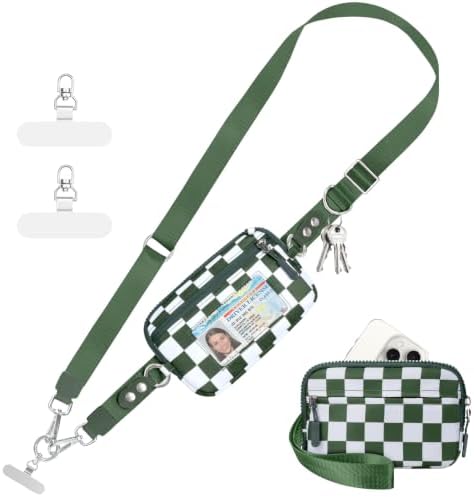 Tiostep Clip and Go Strap for Phone with Wallet Crossbody Phone Lanyard Adjustable and Detachable RFID Wristlet Wallet (Checkered Green, Large) by Tiostep