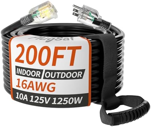 PlugSaf 16AWG 200 ft Black Extension Cord Outdoor, Long Extension Cord by PlugSaf
