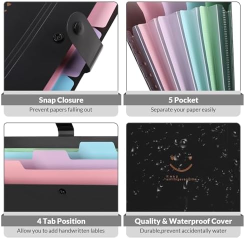 SKYDUE Expanding File Folder with 5 Pockets, Cute Accordion File Organizer, Letter Size Filing Folder, Portable Paper Organizer, School Office Supplies Black - Image 3