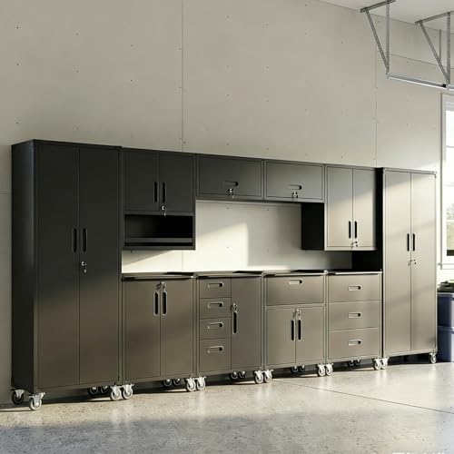 10-Piece Heavy Duty Steel Garage Cabinet System | All-in-One Modular Garage Cabinet Set for Ultimate Workshop Organization | Easy Assembly Garage Storage Cabinets & Tool Bench (Black) - Image 2