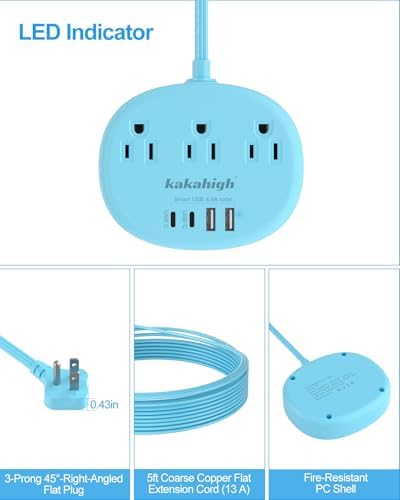 Blue Extension Cord with USB C - 5 FT Flat Extension Cord - Image 6