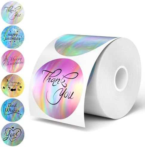 2-Inch Round Holographic Thermal Sticker Labels, with Rainbow Wave and Glitter Deign, Suitable for Every Tags, Custom DIY Logo Applications, 6 Colors (300Pcs/Roll) by FLYQGGO