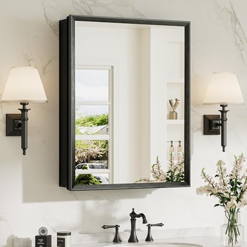 TokeShimi 20 x 26 Mirror Medicine Cabinet for Bathroom, Assembly Required, Black Recessed Medicine Cabinet with Mirror, Steplessly Adjustable Shelves, Beveled Aluminum Frame, Tempered Glass by TokeShimi