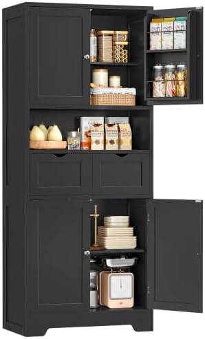 Kitchen Pantry Cabinet with 2 Drawers &4 Door Shelves, Tall Storage Cabinet by TEENFON
