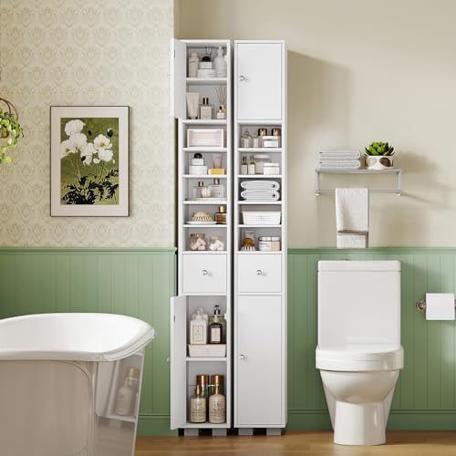 TEENFON Bathroom Cabinet, Narrow Bathroom Storage Cabinet with 5 Adjustable Shelves & Drawer, Freestanding Cupboard for Small Spaces, White - Image 2