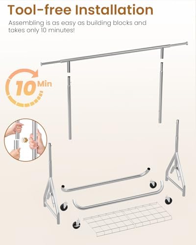 Heavy Duty Garment Rack, Metal Clothes Rack Load 450 LBS, Rolling Clothing Racks for Hanging Clothes with Lockable Wheels, Wardrobe Closet Coat Racks for Bedroom, Silver - Image 5